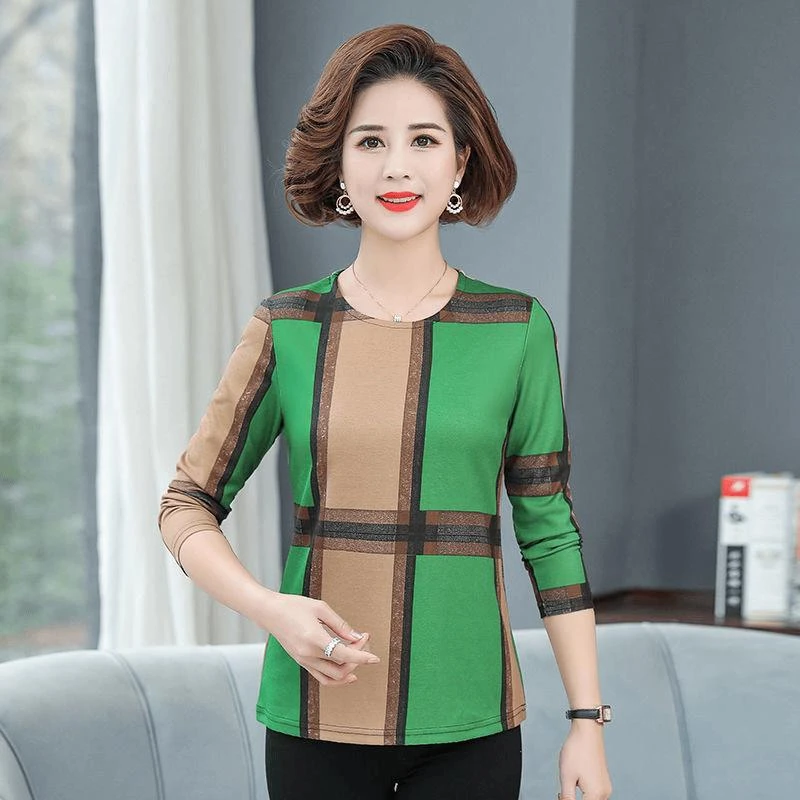 中年女妈妈装春装长袖小衫T恤高打底衫春秋上衣宽松中老年洋气