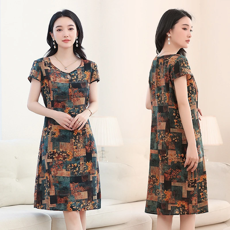 杭州真丝连衣裙女中长款2025夏装新款短袖妈妈桑蚕丝大码丝绸裙子