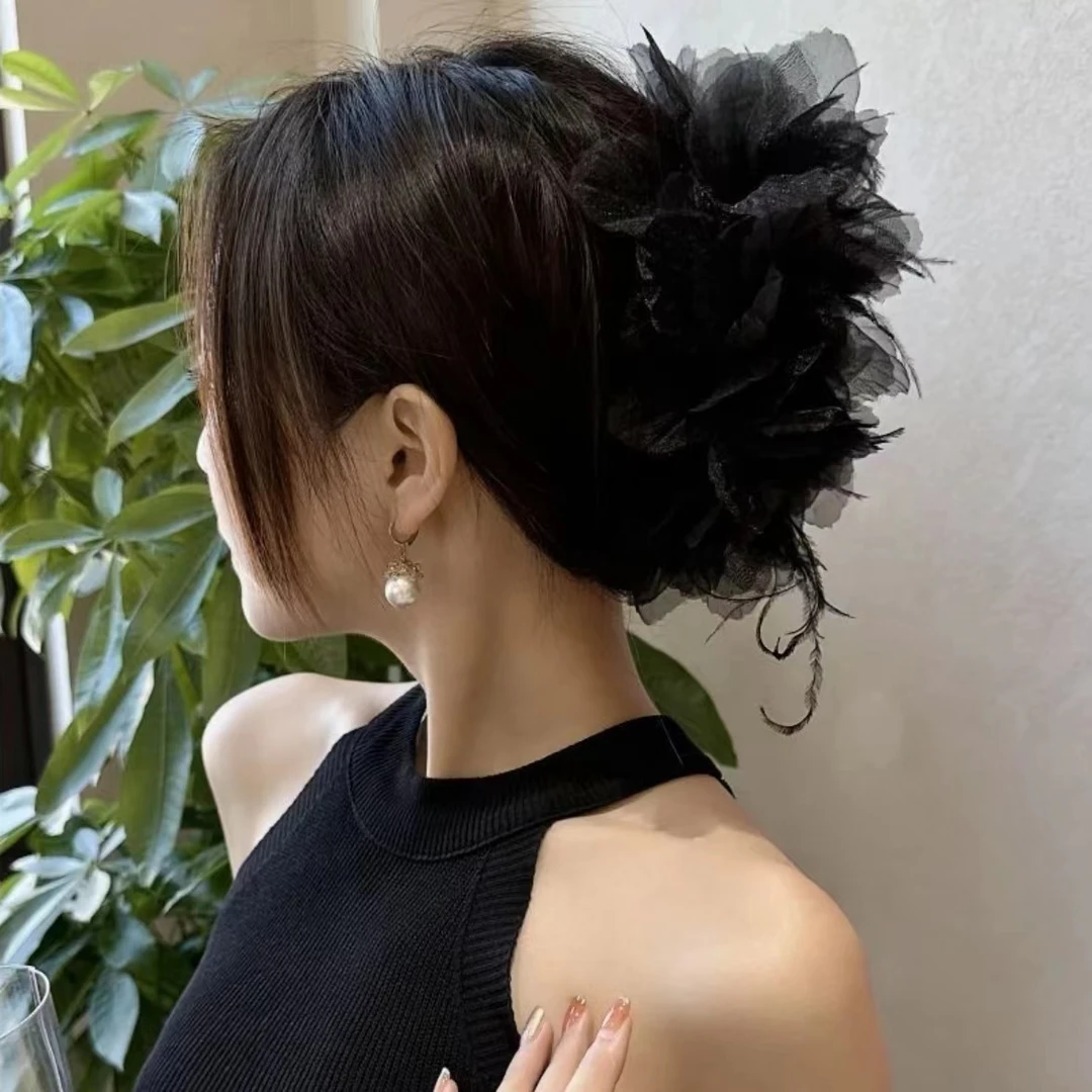 气质优雅花朵羽毛抓夹复古高级感显发量发夹发饰