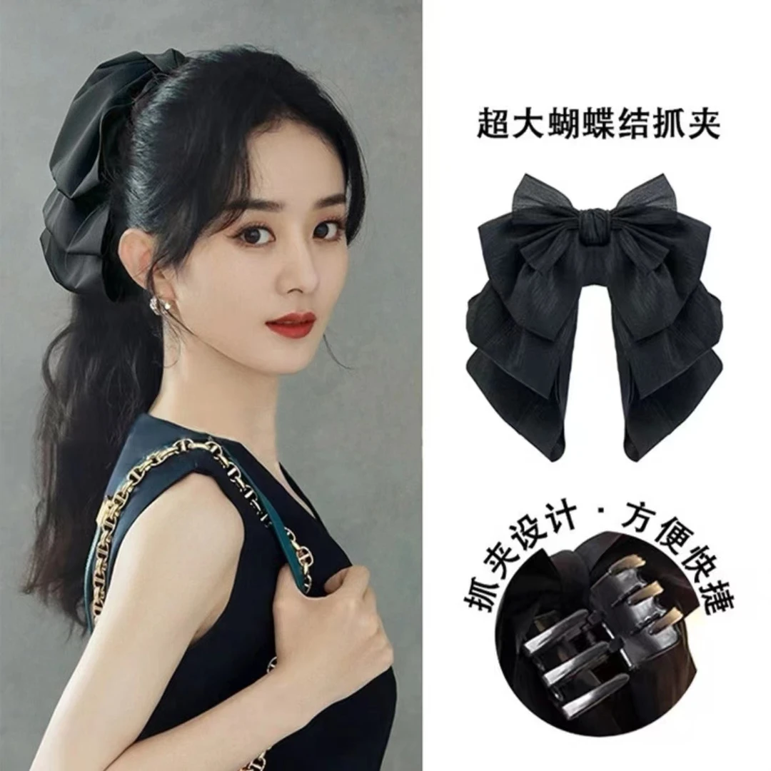 闪闪珠光纱蝴蝶结发夹百搭法式气质公主后脑勺马尾飘带抓夹发饰女