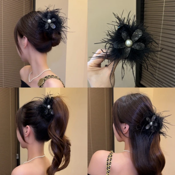 太阳花秋冬新款羽毛抓夹显发量新中式国风夹子后脑勺女盘发