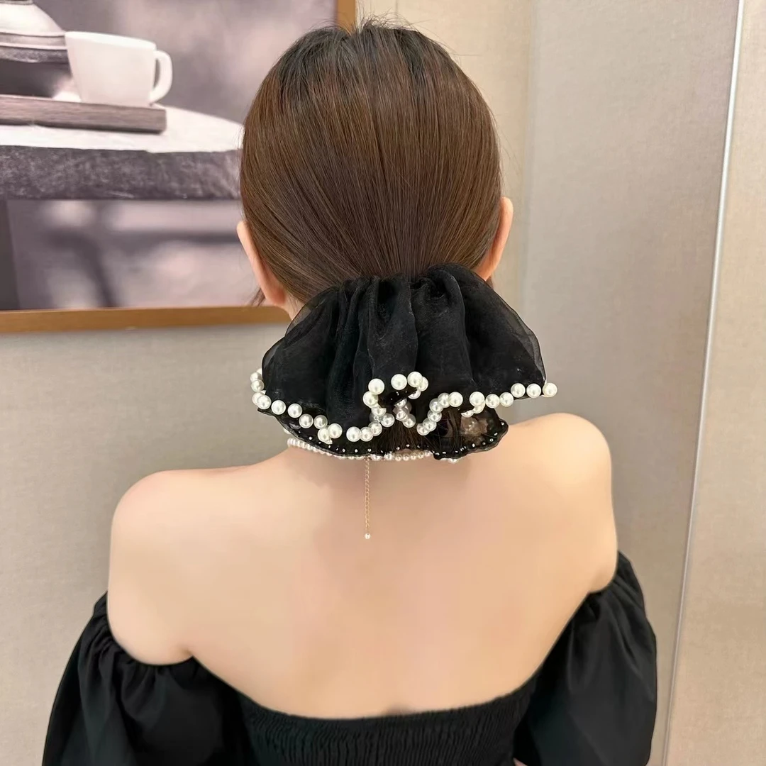 法式小香风珍珠发圈网纱超仙赫本风迷人优雅百搭轻奢大肠圈发饰女