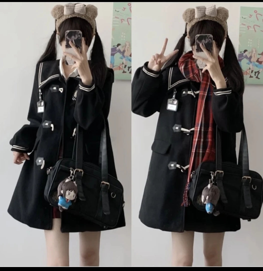 正版jk校供感牛角扣毛呢大衣女秋冬季学院风小个子外套夹棉jk衬衫