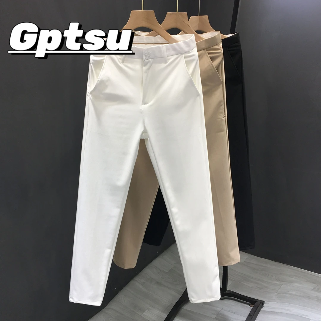 GPTSu白色男士休闲裤夏季薄款男裤弹力修身直筒九分裤商务西装裤