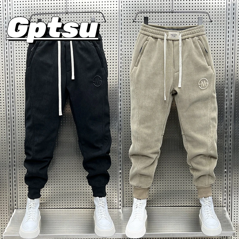 GPTSu秋冬新款灯芯绒加绒加厚休闲裤男宽松束脚时尚条绒运动卫裤