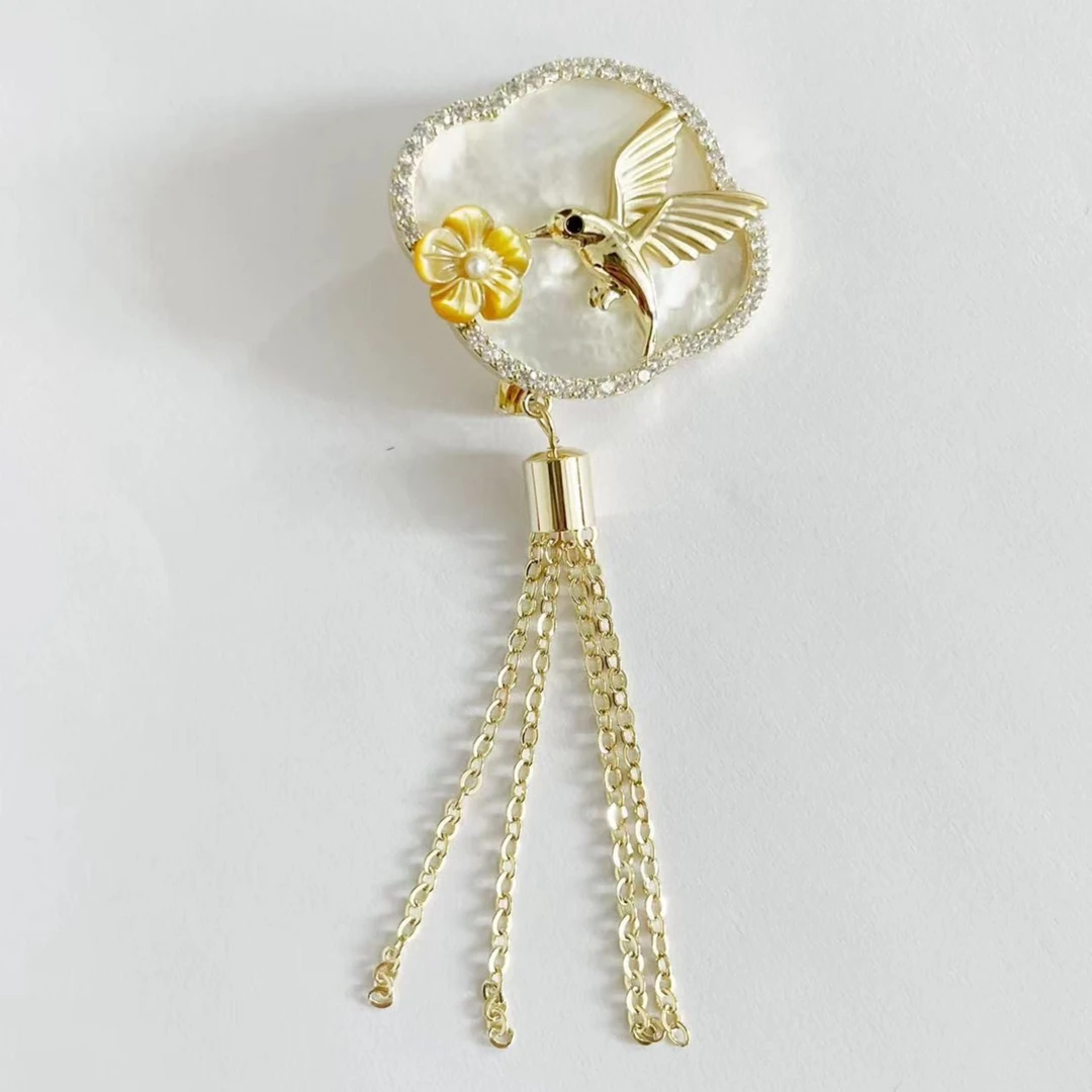 铜合金贝壳胸针 HY1527蜂鸟腊梅流苏扇胸针