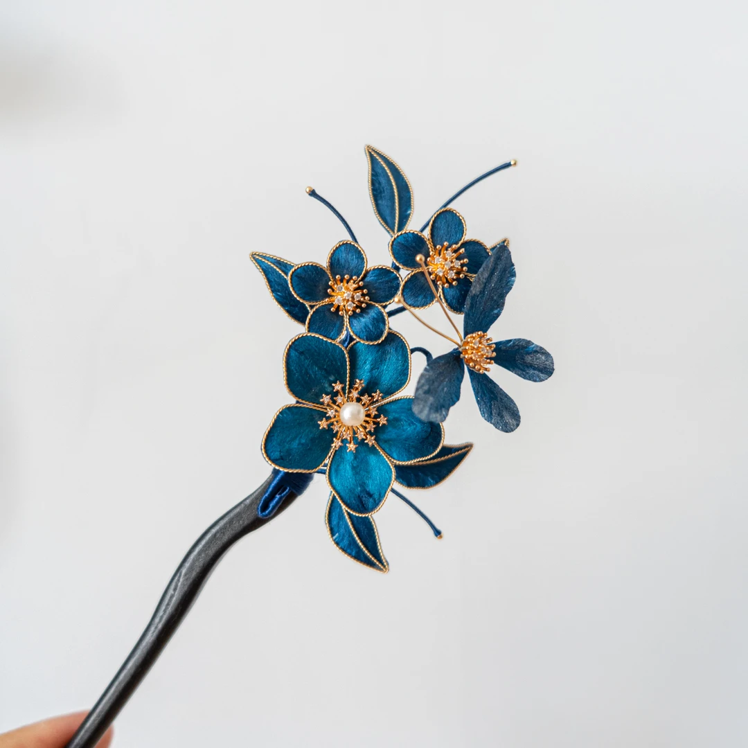 深蓝 绒花发簪 绒花仿点翠 中国风 掐丝绒花 仿点翠色