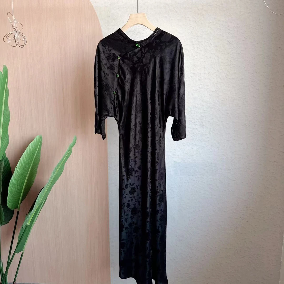 100%桑蚕丝重磅提花 新中式 改良版 斜裁旗袍