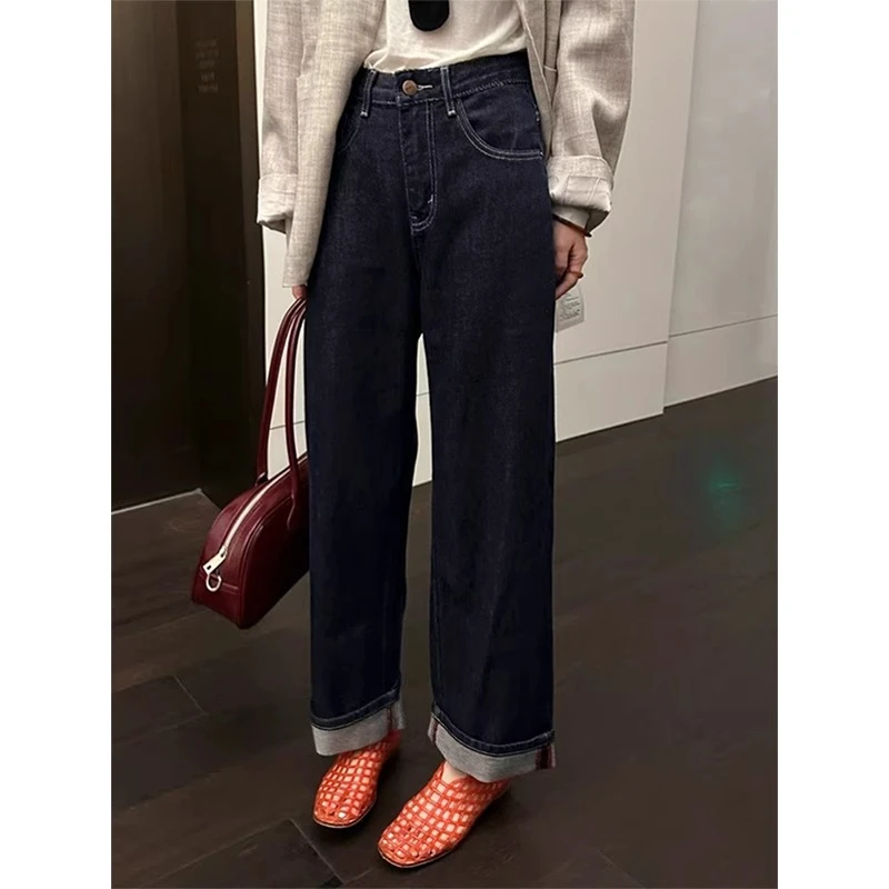 丹宁色阔腿牛仔裤女2024秋新款高腰百搭阔腿牛仔裤