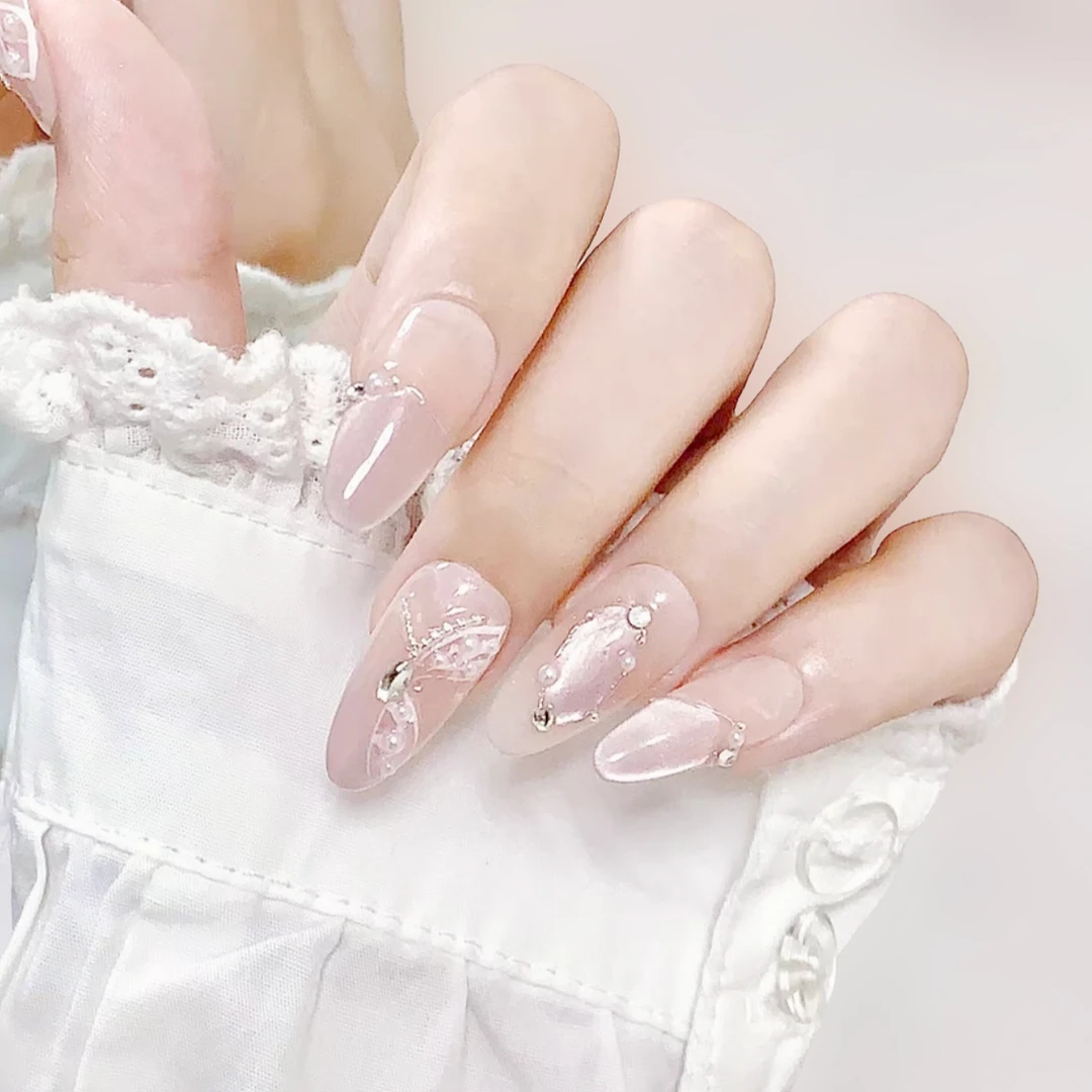 爱丽丝仙女蝴蝶猫眼珍珠裸色高级轻奢光疗甲片美甲穿戴甲