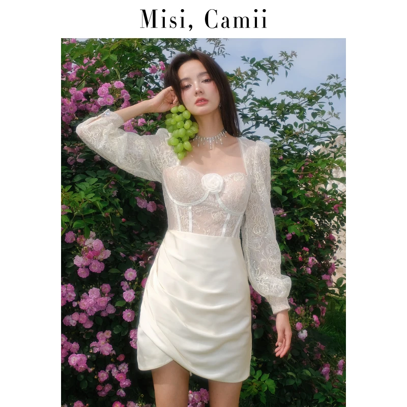 Misi,Camii夏季玫瑰抹胸抽褶连衣裙蕾丝方领法式长袖高腰修身短裙