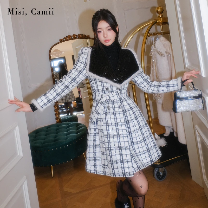 Misi,Camii冬季新款时尚气质女时尚毛边撞色花呢格纹长款外套大衣