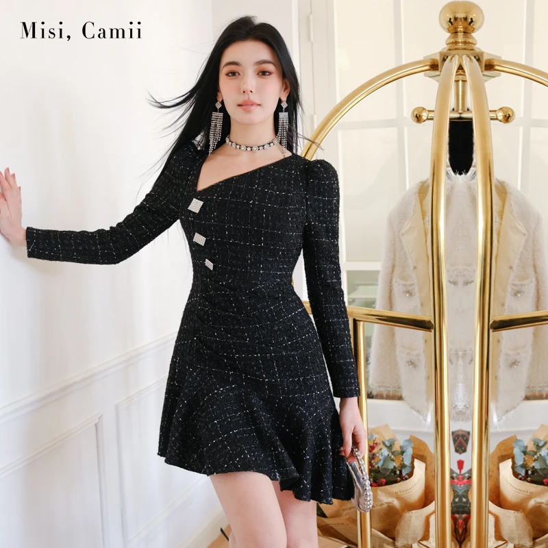 Misi,Camii【特价款】冬季女士名媛钻饰不规则鱼尾连衣裙时尚小短裙