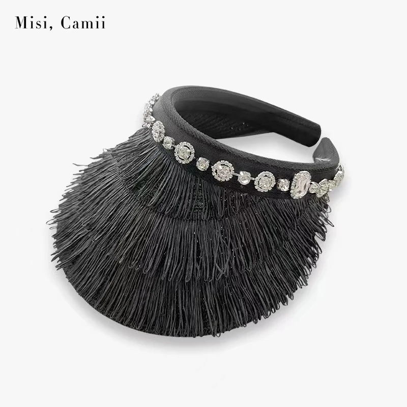 Misi,Camiii钻饰轻奢户外遮阳防晒时尚百搭无顶编织纯色女士帽子
