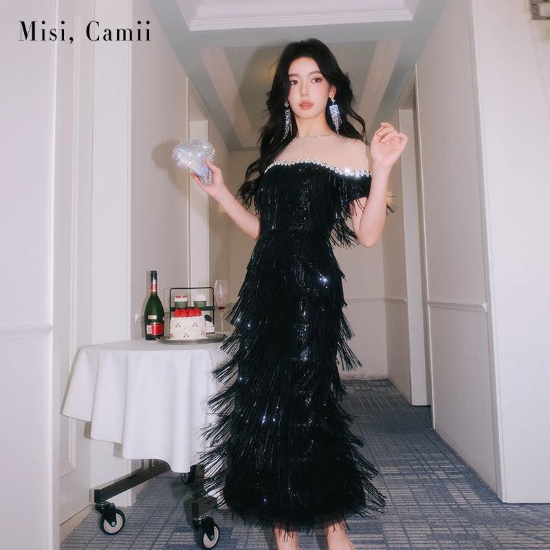 Misi,Camii早秋新款名媛气质时尚钻饰一字肩流苏长礼服连衣裙宴会