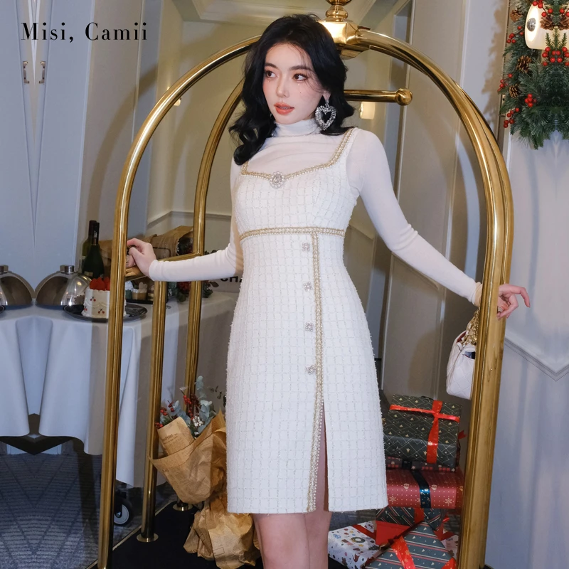 Misi,Camii秋冬新款女士时尚气质修身珍珠金格子花呢吊带裙名媛风