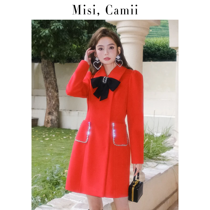 Misi,Camii冬季新款蝴蝶结钻链口袋红色气质修身时尚纯色外套大衣