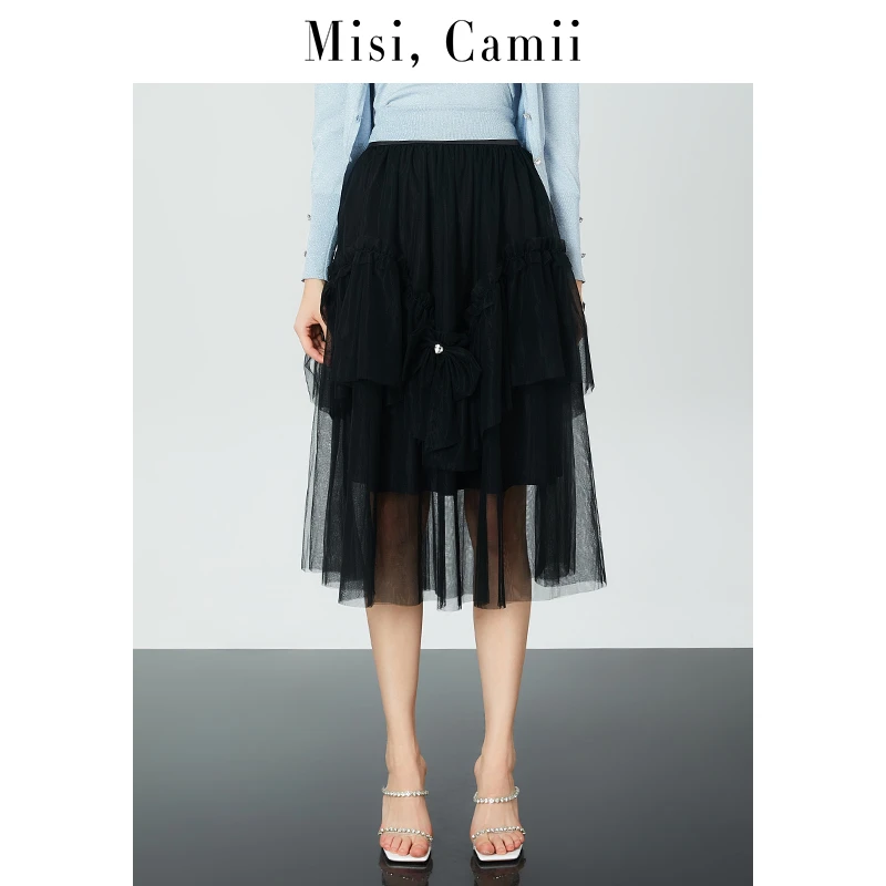 Misi,Camii梅雪女装春季新款波浪褶蝴蝶结中长款纱裙半身裙时尚感