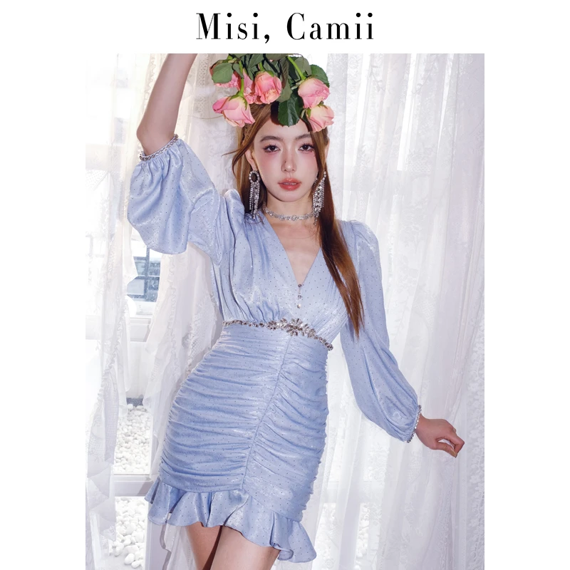 Misi,Camii【破价款】早秋法式风时尚优雅仙气满烫钻抽褶长袖连衣裙