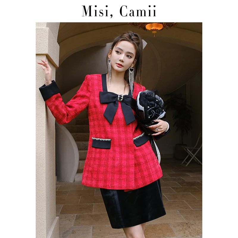 Misi,Camii冬季新款复古红格子蝴蝶结时尚红色气质显瘦时尚外套