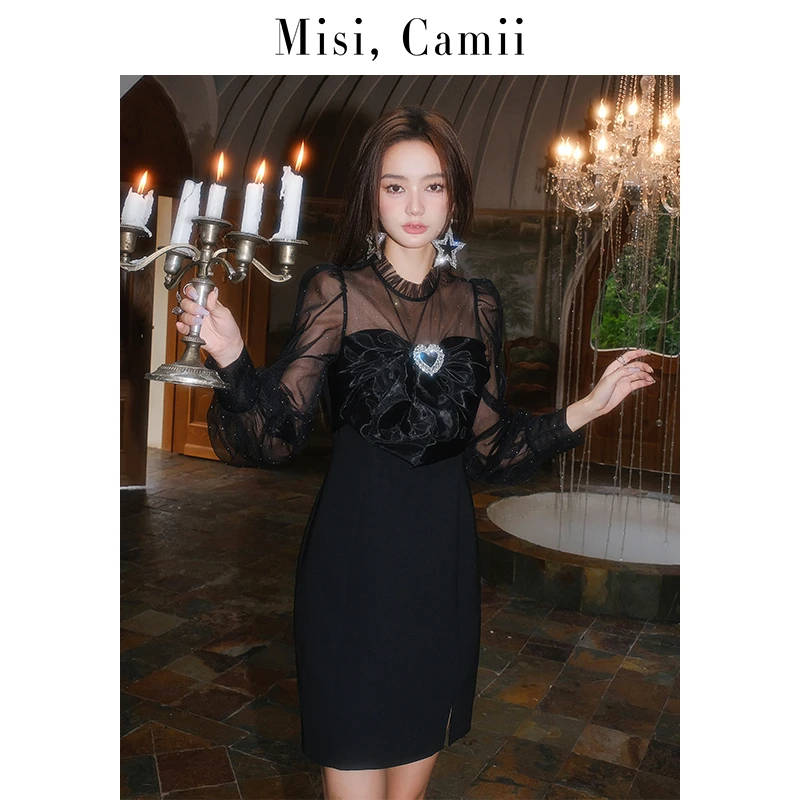 Misi,Camii拼接网纱镂空连衣裙气质黑色女装名媛风小黑裙长袖复古