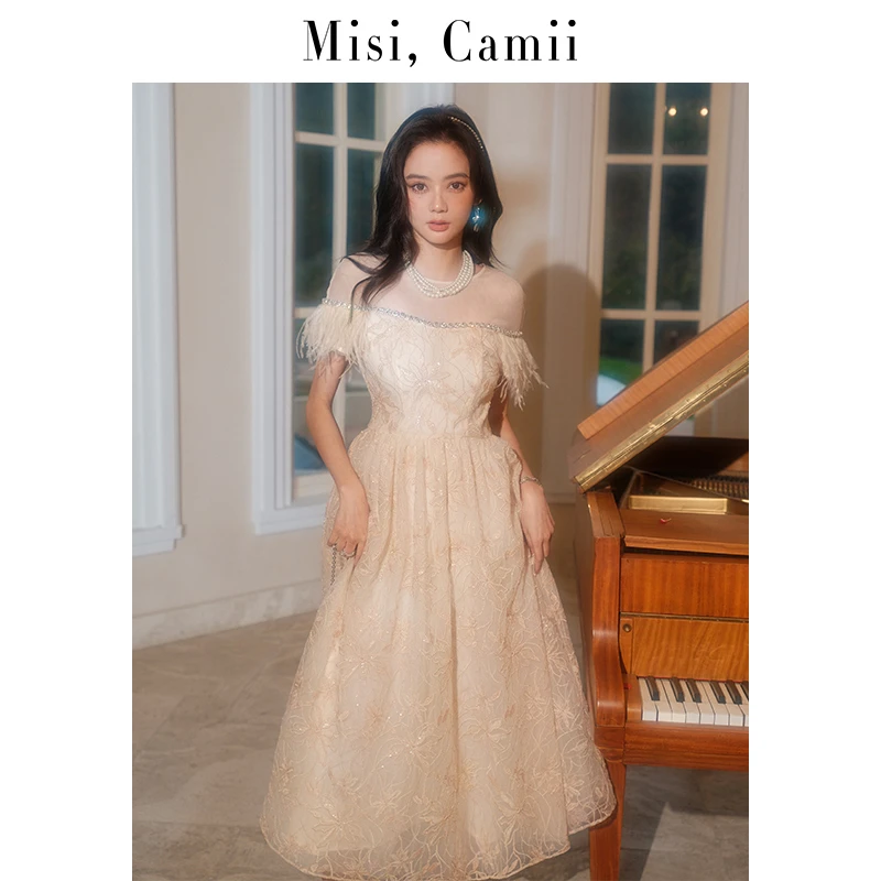 Misi,Camii春季新款重工绣花一字肩宴会礼服连衣裙名媛时尚感小众