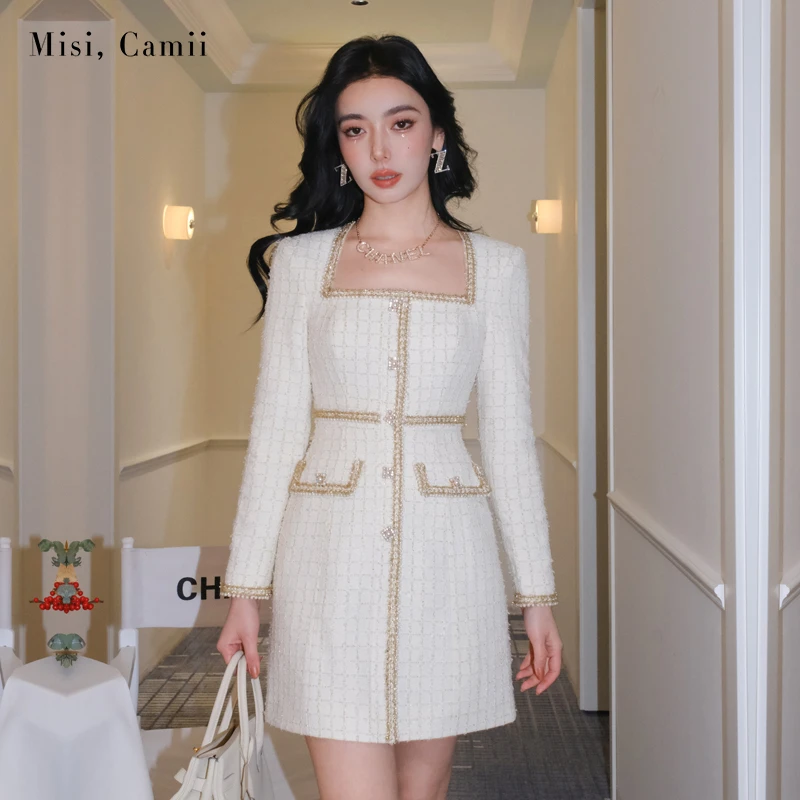 Misi,Camii冬季新款女士名媛气质时尚优雅珍珠金格子花呢连衣裙子