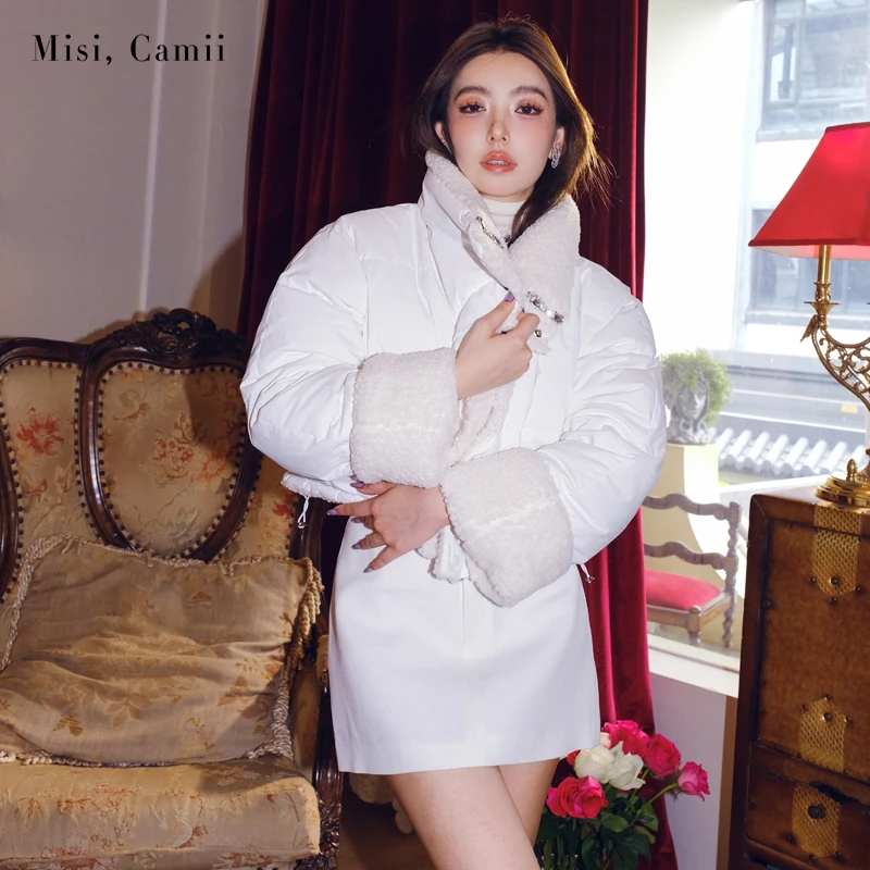 Misi,Camii秋冬新款女士黑色钻饰边双面穿短款外套开衫时尚感百搭