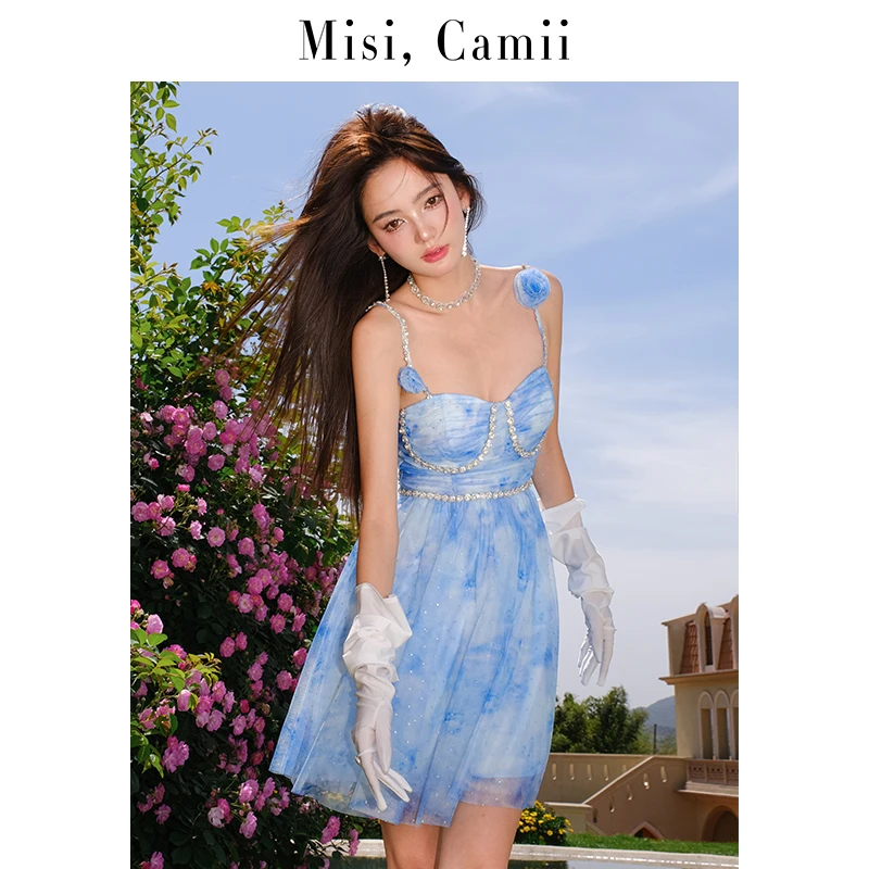 Misi,Camii春夏款蓝色印花玫瑰吊带连衣裙法式钻链性感短款礼服裙