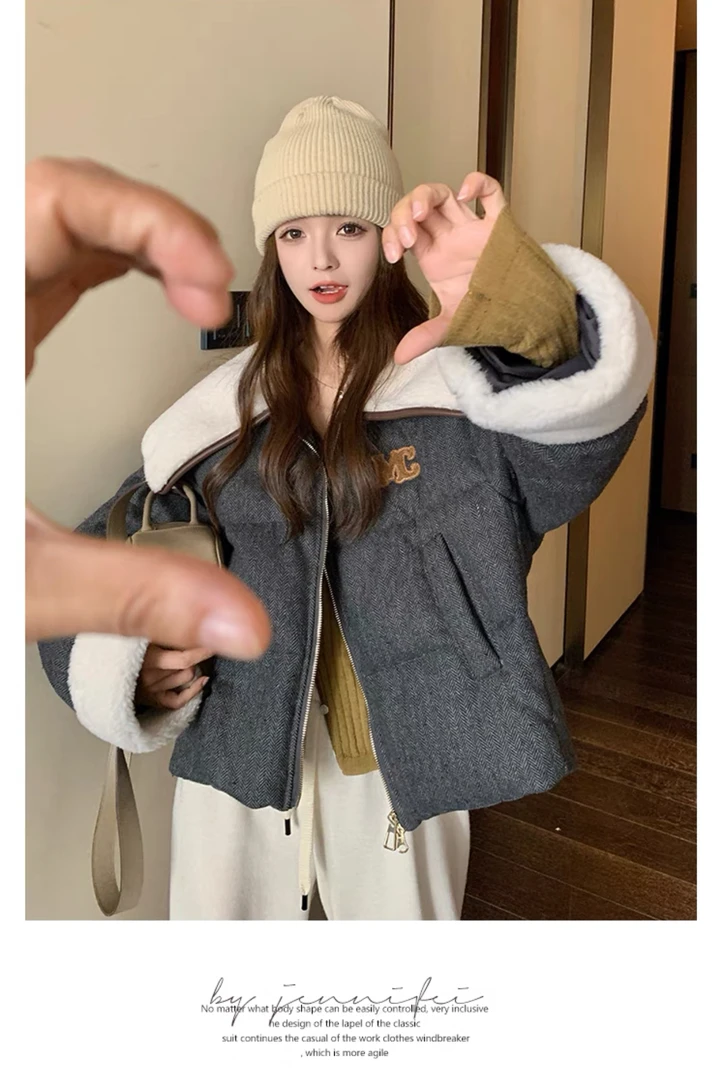 甜美小香风羔羔毛白鸭绒羽绒服外套女冬新款小个子短款加厚面包服