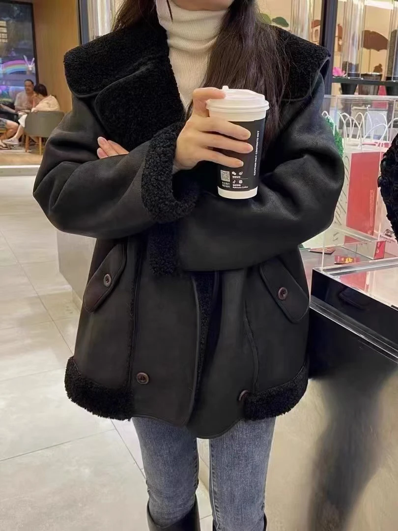 伊米正版韩版宽松显瘦经典翻领中长款皮毛一体羊恙毛外套女