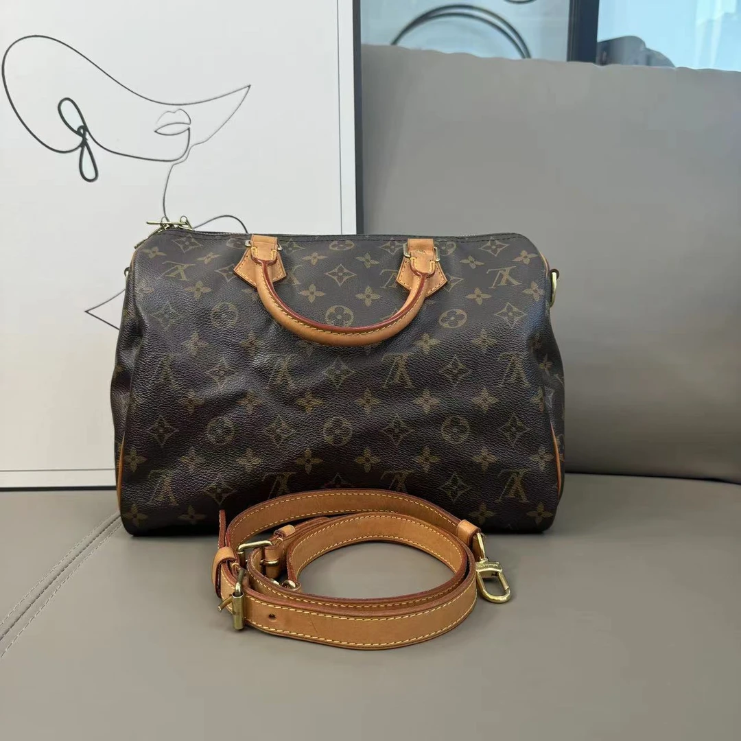 95新 LouisVuitton/路易威登 speedy30老花斜挎包/76632218