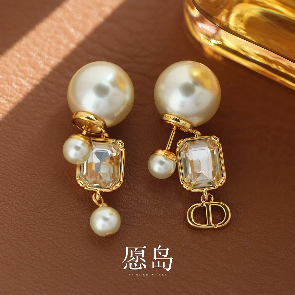 愿岛 黄铜仿珍珠耳饰 法式气质风前后戴仿珍珠锆石AB款耳钉EH2216