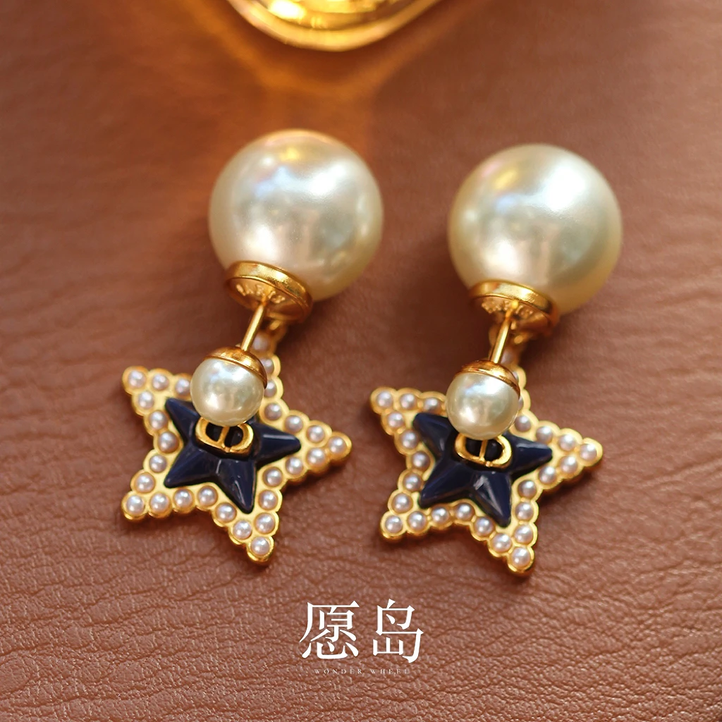 愿岛 黄铜仿珍珠耳饰 法式气质款优雅星星仿珍珠前后戴耳钉EH2141