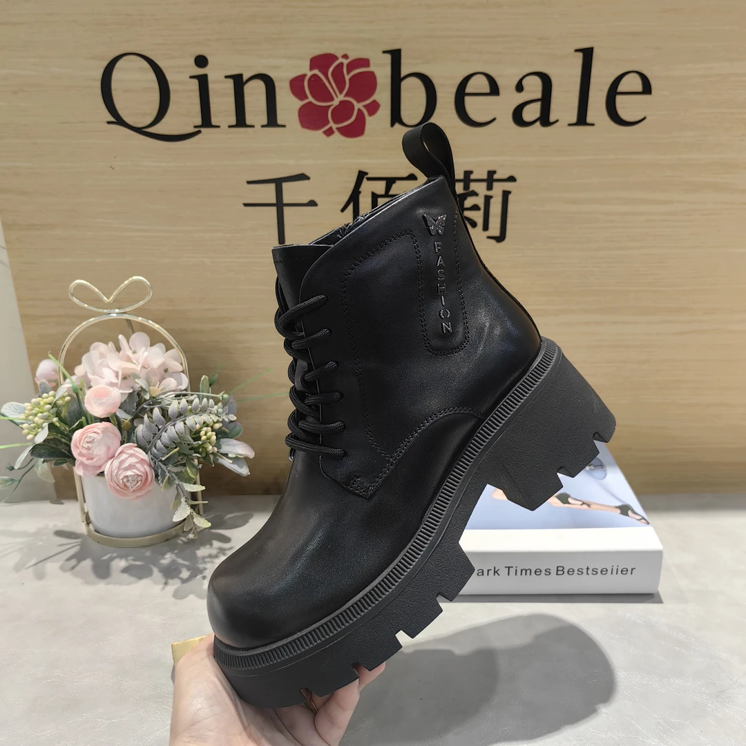 Qin&beale/千佰莉 断码9/0 洋气 全牛皮马丁 羊毛 女棉靴 Y1201