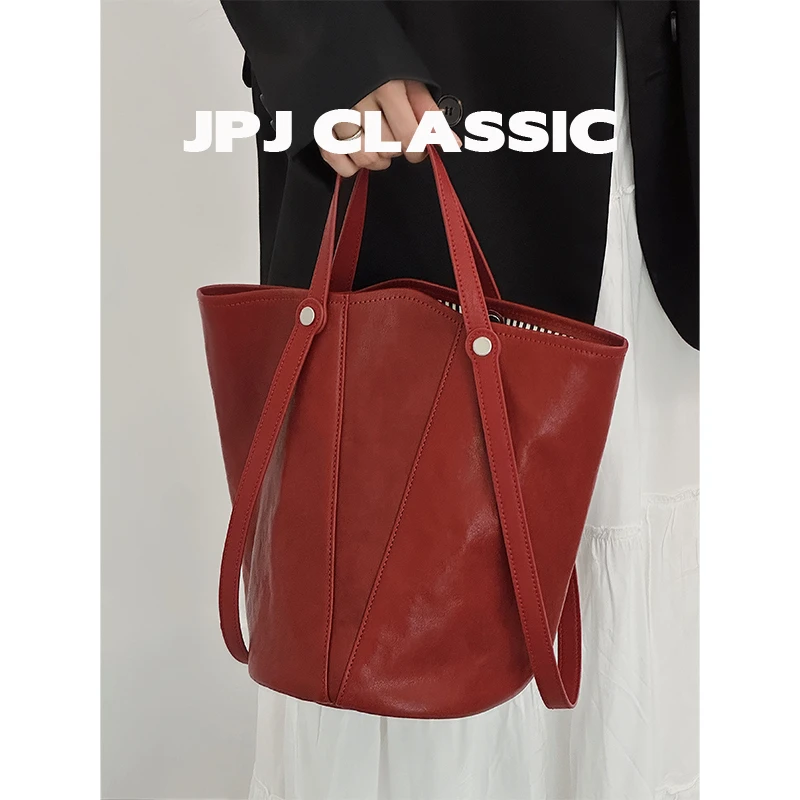 jpj植鞣牛皮水桶包女单肩斜挎通勤包百搭手提包1748