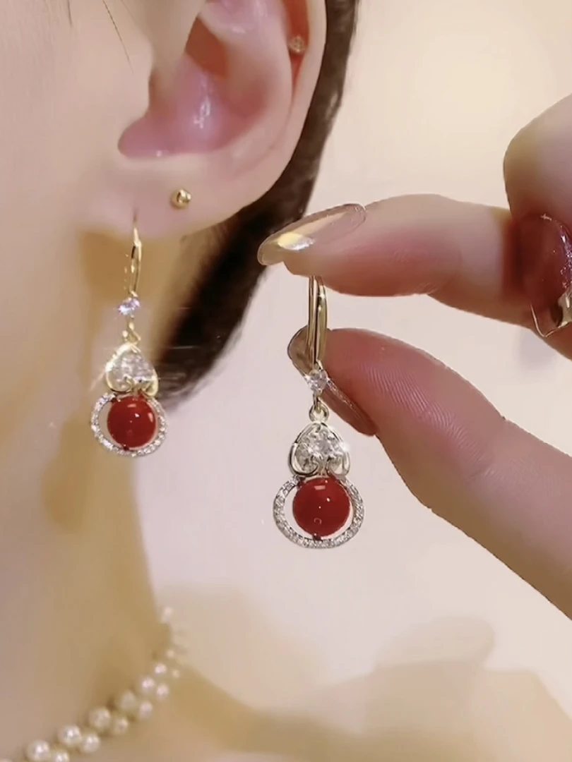 铜合金耳饰 福禄双全红色葫芦时尚轻奢气质长款国风百搭挂钩耳环