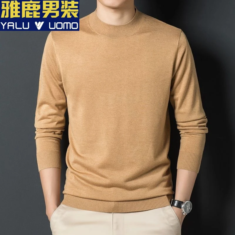 雅鹿男装半高领毛衣男士长袖t恤秋季新款潮流休闲针织打底衫百搭