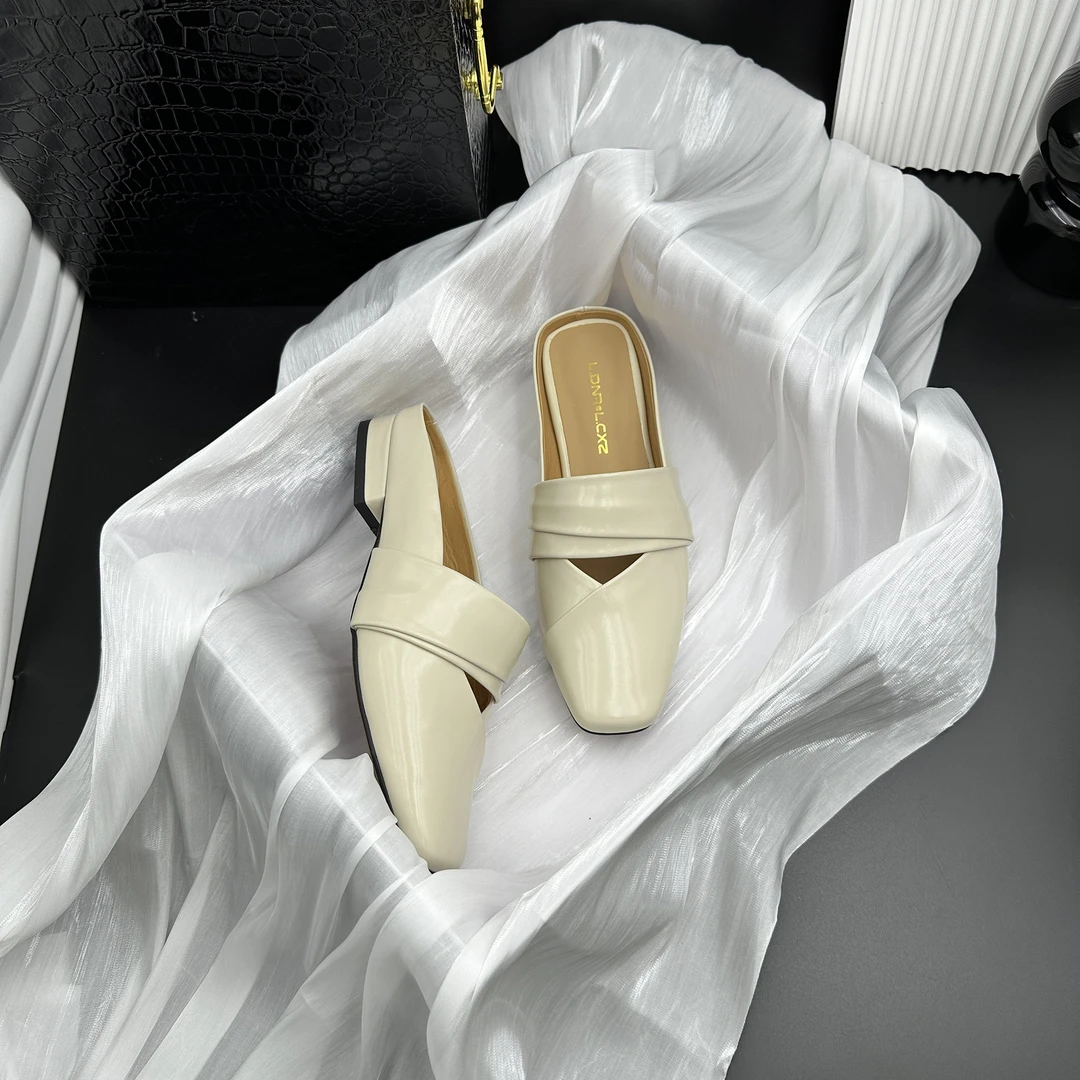 009（黑色36白色.39）包头半拖女真皮外穿穆勒拖鞋女LC1021