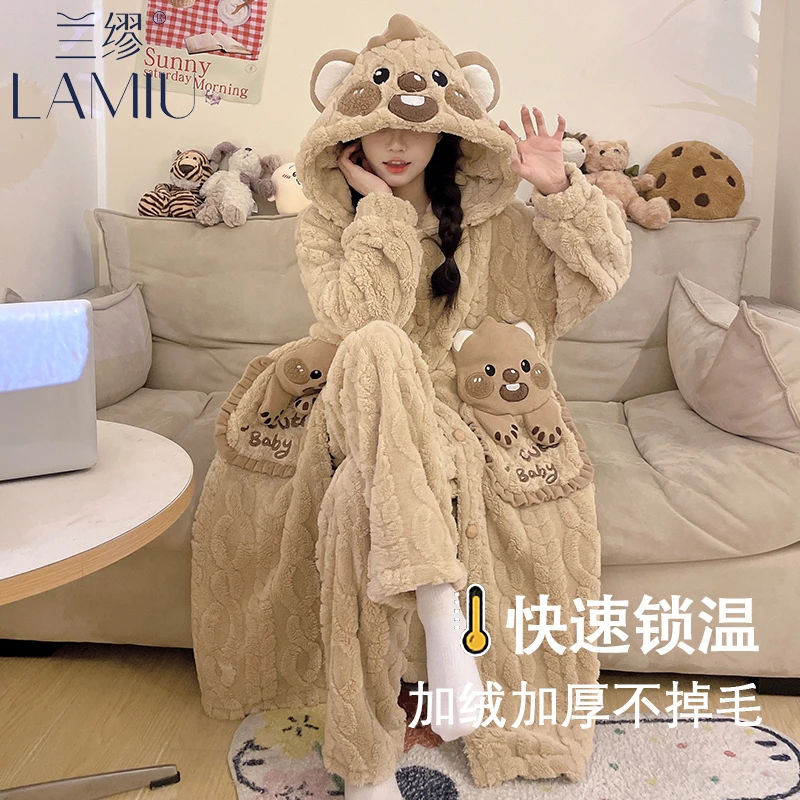 睡袍女学生秋冬季法兰绒玉桂狗浴袍加绒加厚长款睡衣可外穿家居服