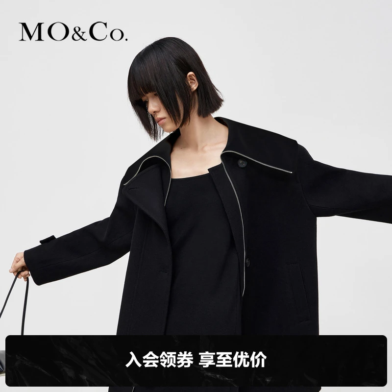 MOCO冬季绵羊毛撞色翻领中长款黑色大衣外套女时尚女装MBB3OVCT02