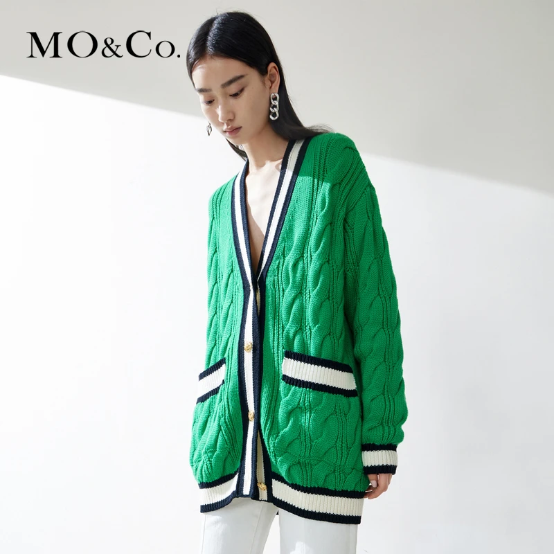 MOCO春季撞色麻花毛衣针织衫开衫女士时尚女装休闲气质MBB1CAR026