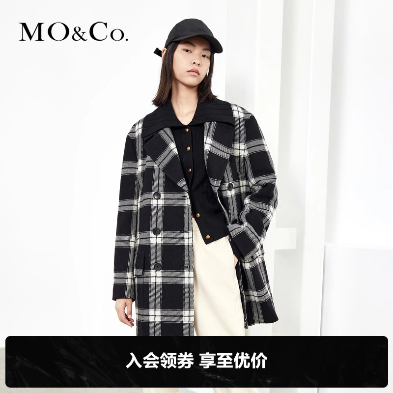 MOCO冬季双排扣黑白格纹大衣外套女士时尚女装休闲气质MBA4COTT19