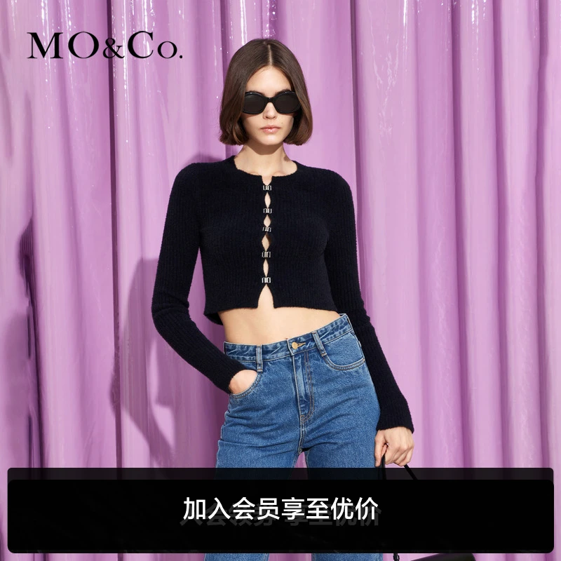 MOCO秋季短款修身镂空针织开衫女时尚女装休闲气质街头MBB3CART08