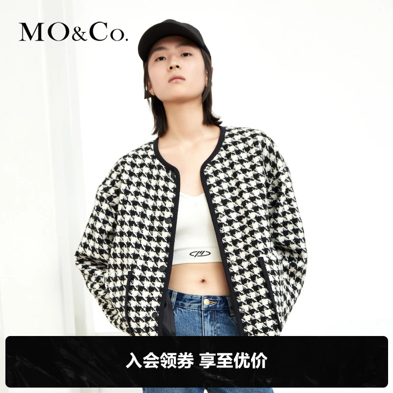 MOCO秋季黑色锁边双口袋千鸟格宽松外套女时尚女装休闲MBB3COTT02