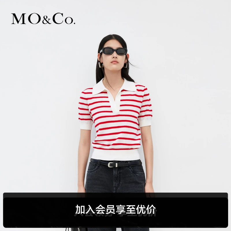 MOCO夏季法式POLO领羊毛条纹短袖短款薄款针织衫MBC2SWTT03
