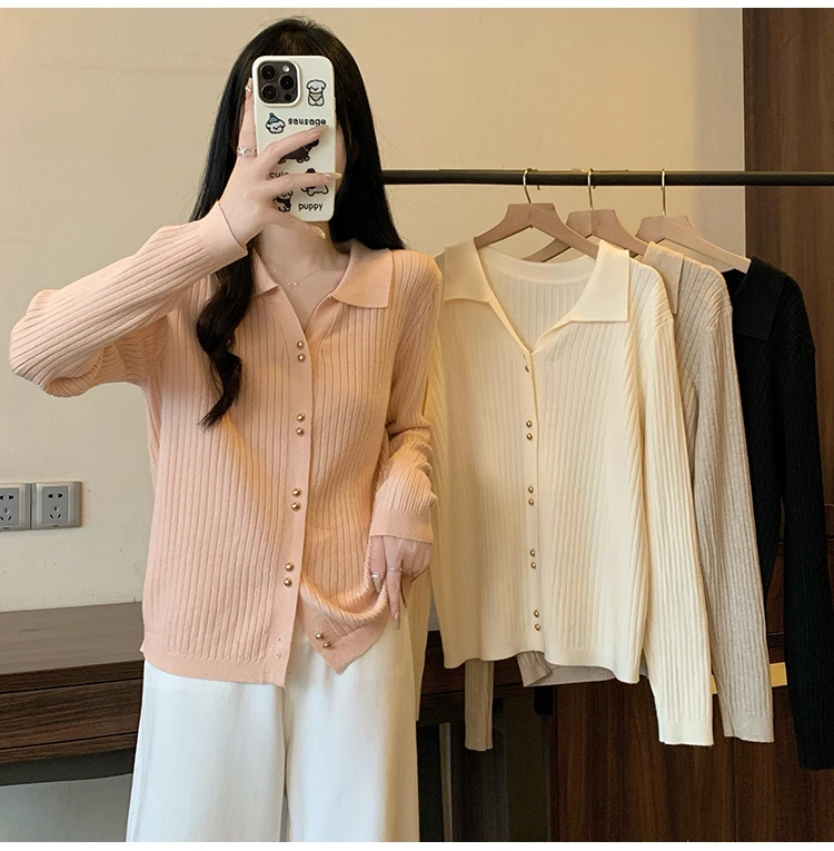 2024新款洋气遮肉显瘦宽松翻领长袖针织开衫女