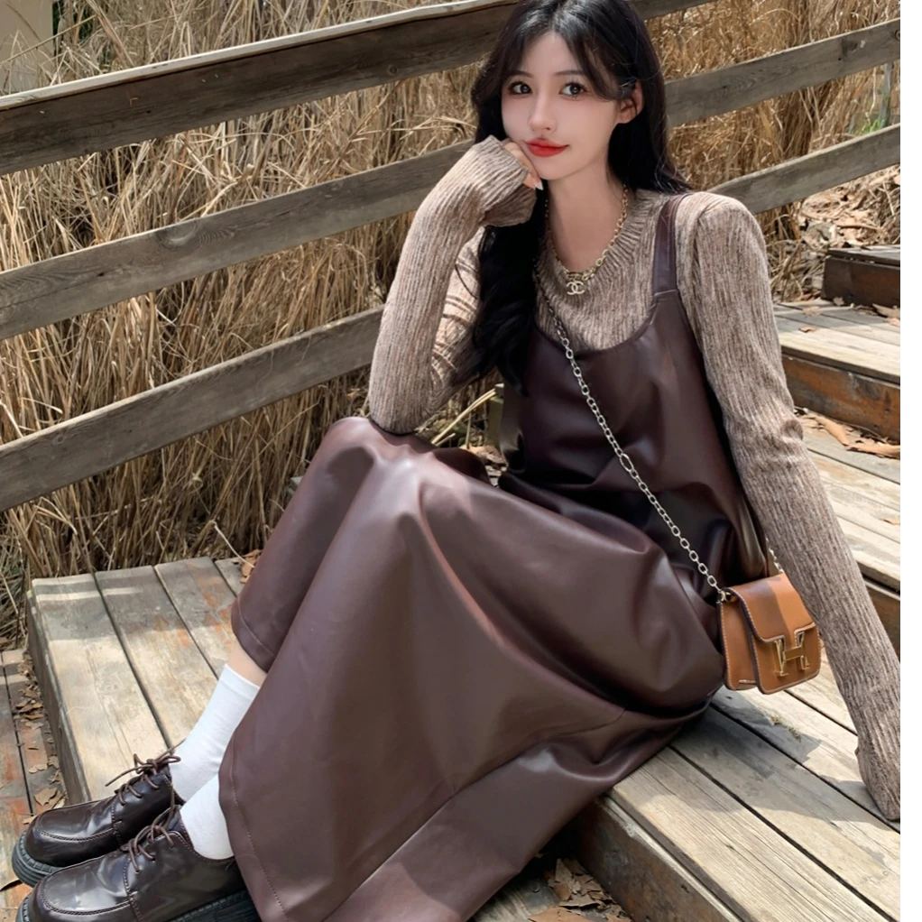 【小可爱专属】棕色高级感气质pu皮长短款吊带裙女打底衫套装胖mm