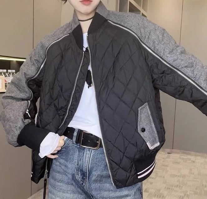 欧货新款2024冬季新款设计感立领拼色字母宽松休闲棒球服羽绒外套