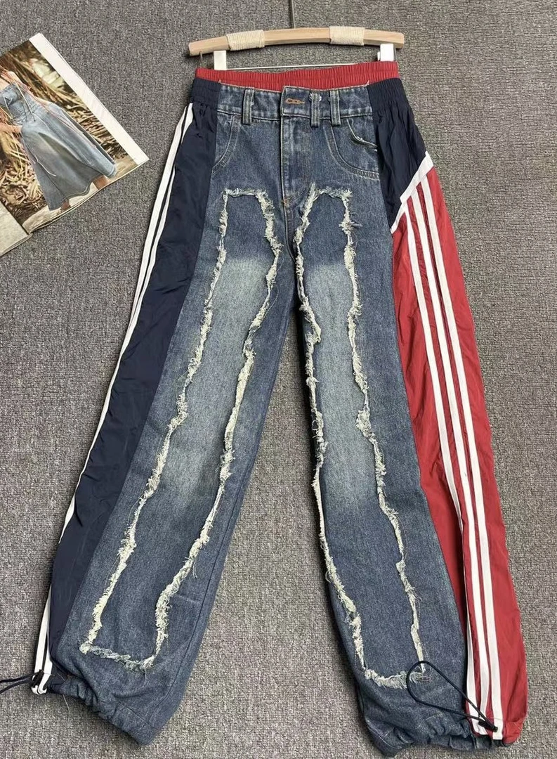 欧货女装原创个性2024春夏新款松紧腰双层腰水洗牛仔直筒束脚裤